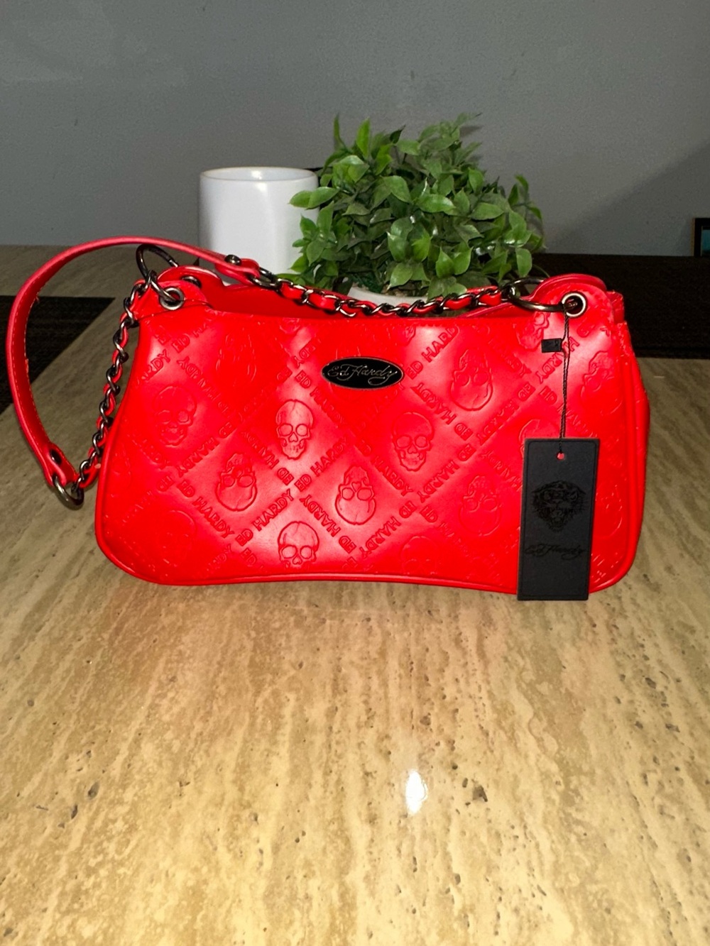 Ed Hardy Red Quilted Skull Chain-Handle Shoulder Bag